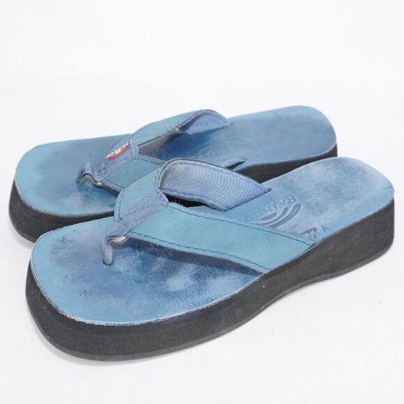 Rainbow Thick Strap Blue Platform Sandals, Size 9 - Picture 1 of 7